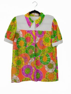 Vintage 60s Psychedelic Hippie Mod Short Sleeve Orange Pink Floral Blouse